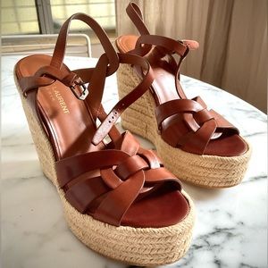 YSL Yves Saint Laurent Tribute Espadrilles Wedge in Smooth Amber Leather Size:9